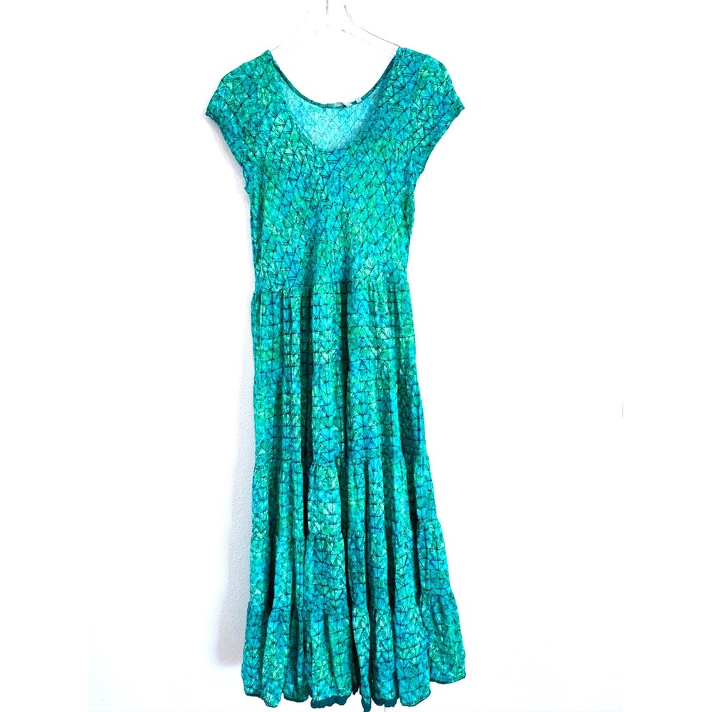 Soft Surroundings | Mariana Tiered Maxi Dress - Green Geometric Batik Print - Picture 2 of 6